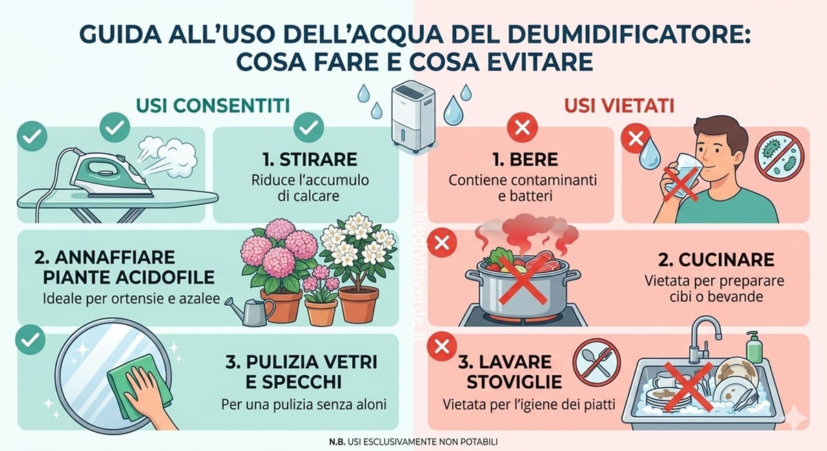"Guida visiva agli usi dell'acqua del deumidificatore: sì per ferro da stiro, piante acidofile e pulizia vetri; no per bere, cucinare e lavare piatti a causa di batteri e contaminanti.