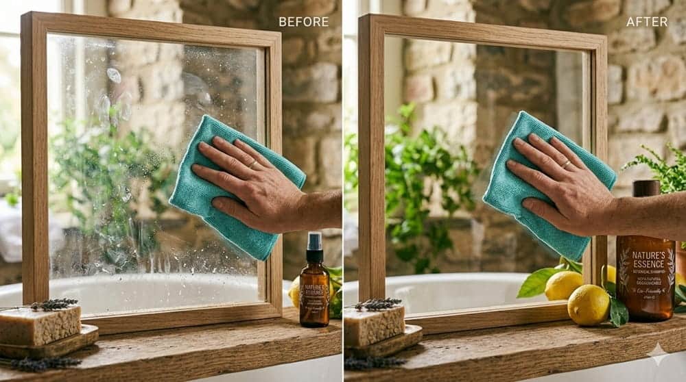 pulizia vetri con shampoo diluito e panno in microfibra